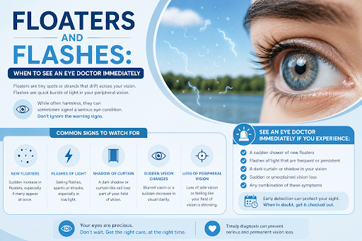 Read more about the article Floaters and Flashes: When to See an Eye Doctor Immediately