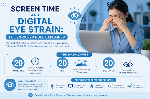 Read more about the article Screen Time and Digital Eye Strain: The 20-20-20 Rule Explained